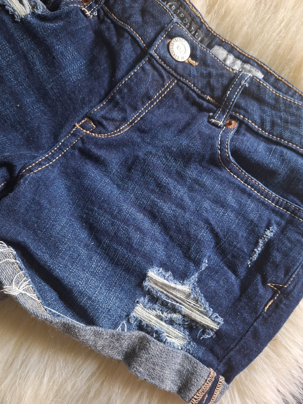 [[Aeropostale]] Dark Blue Distressed Denim Roll-Cuff Shorts - Picture 4 of 6